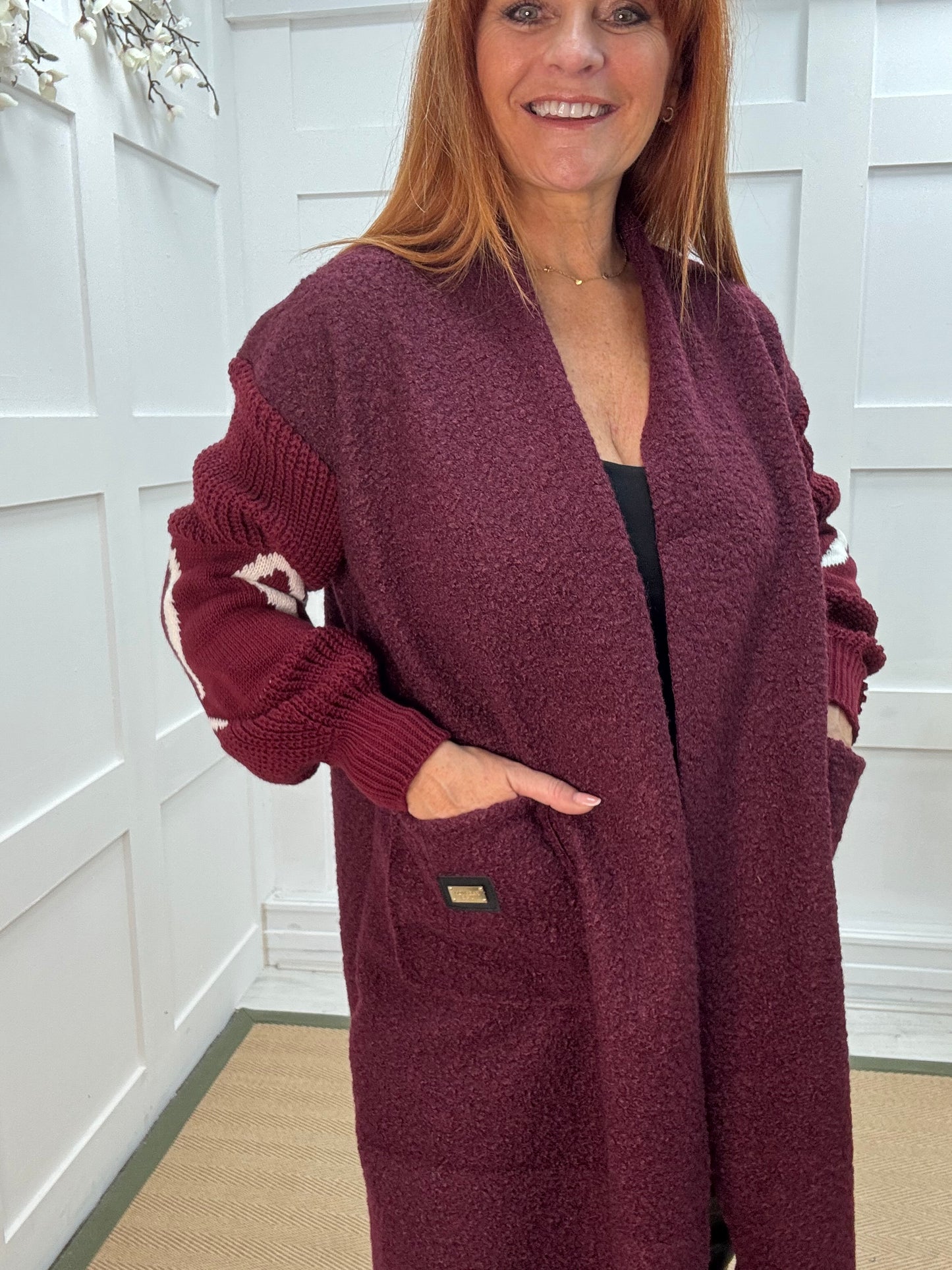 Kara: Burgundy boucle long edge to edge coat. One size 10 - 18