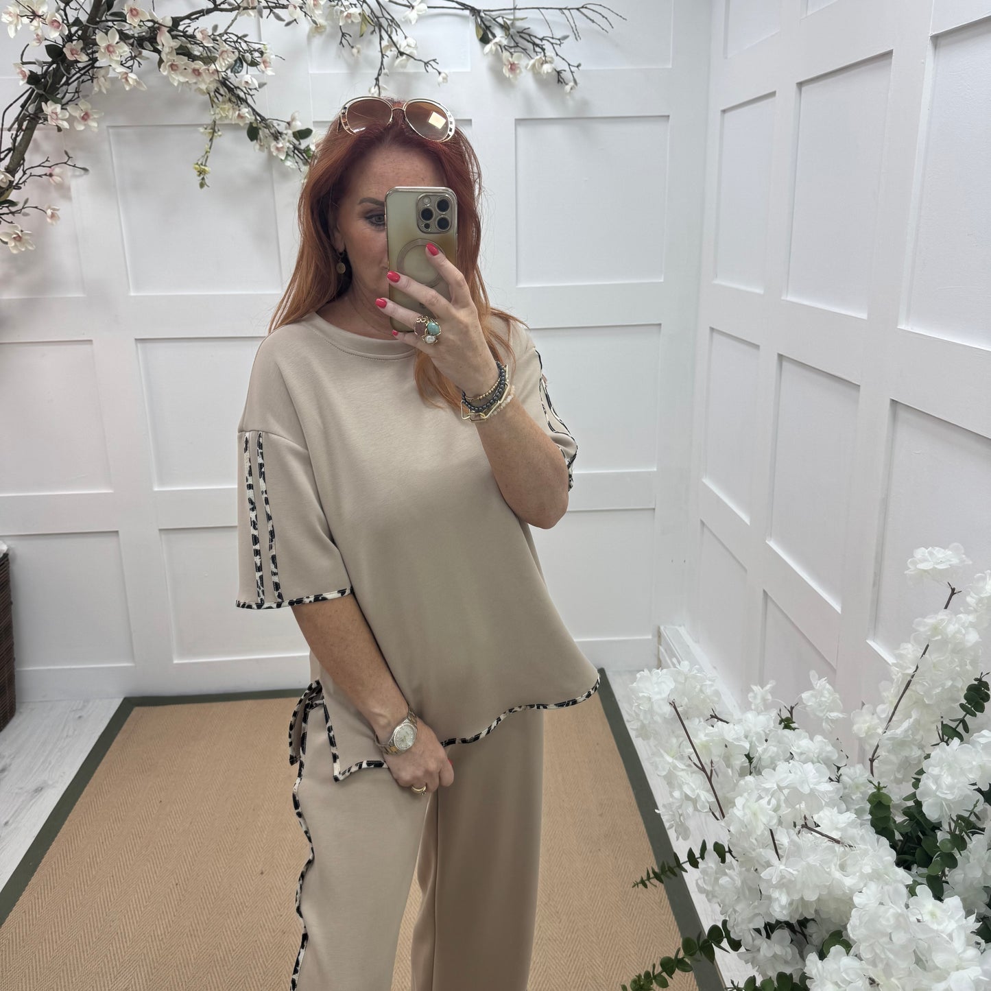 Malka: Stone leopard print stripe loungewear set. One size: 12-18