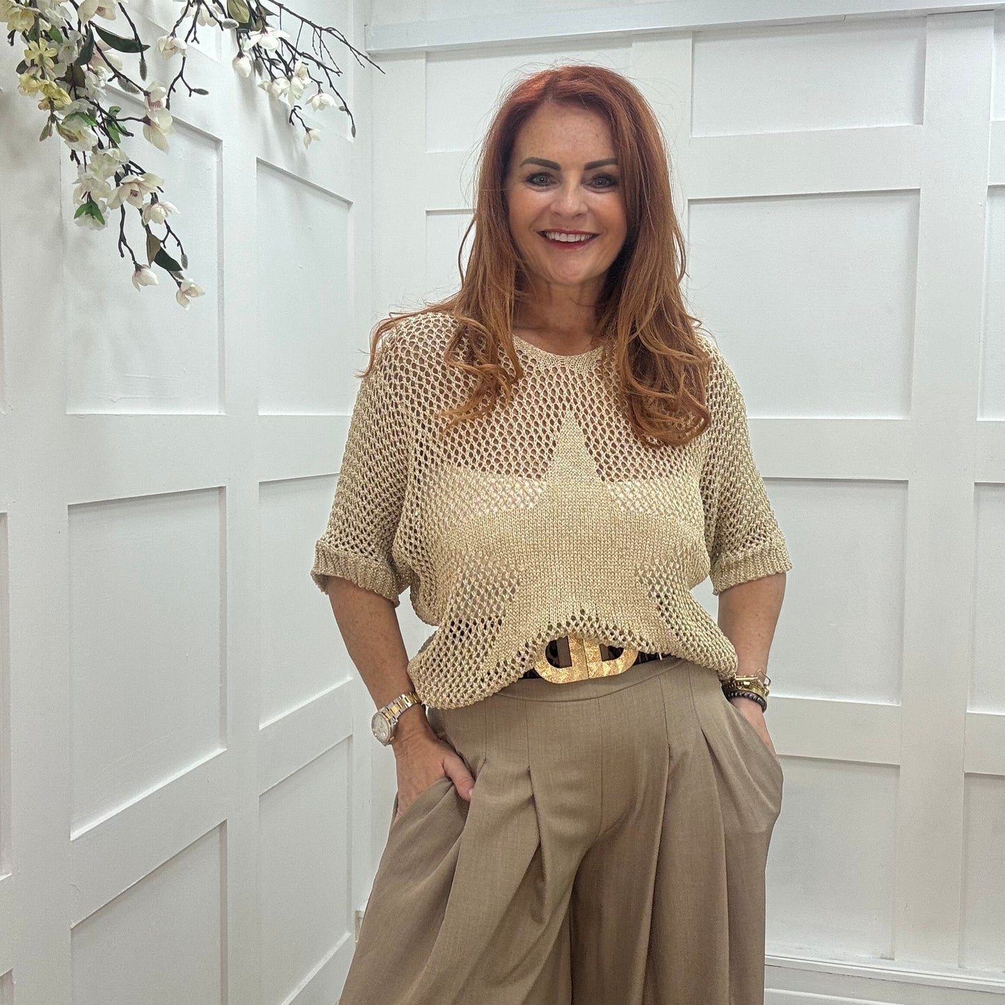 Maggie: Gold stretchy lurex knit star top. One size: 10-18