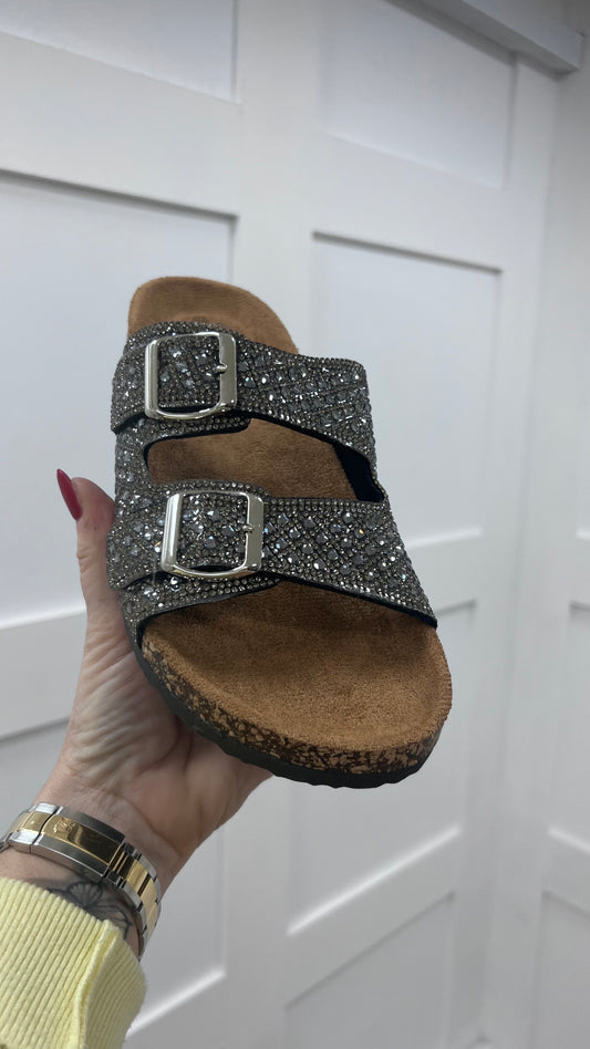 Malin: Pewter rhinestone double buckle sandals. Sizes: 3-8