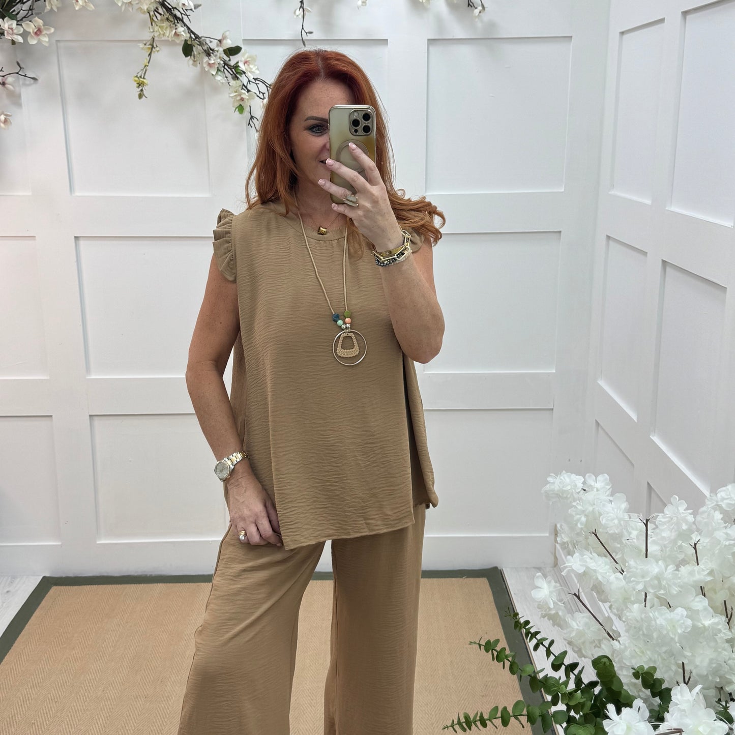 Esme: Sand pocket wide leg trousers. One size: 12-20
