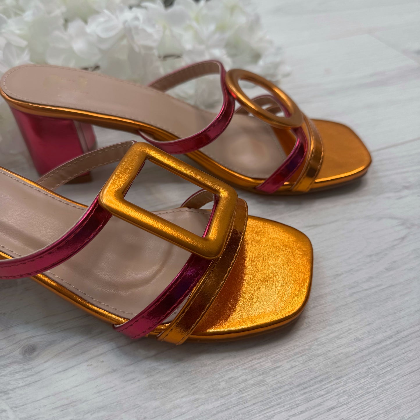Rosa: Metallic pink & orange large buckle sandals. Sizes: 3-8