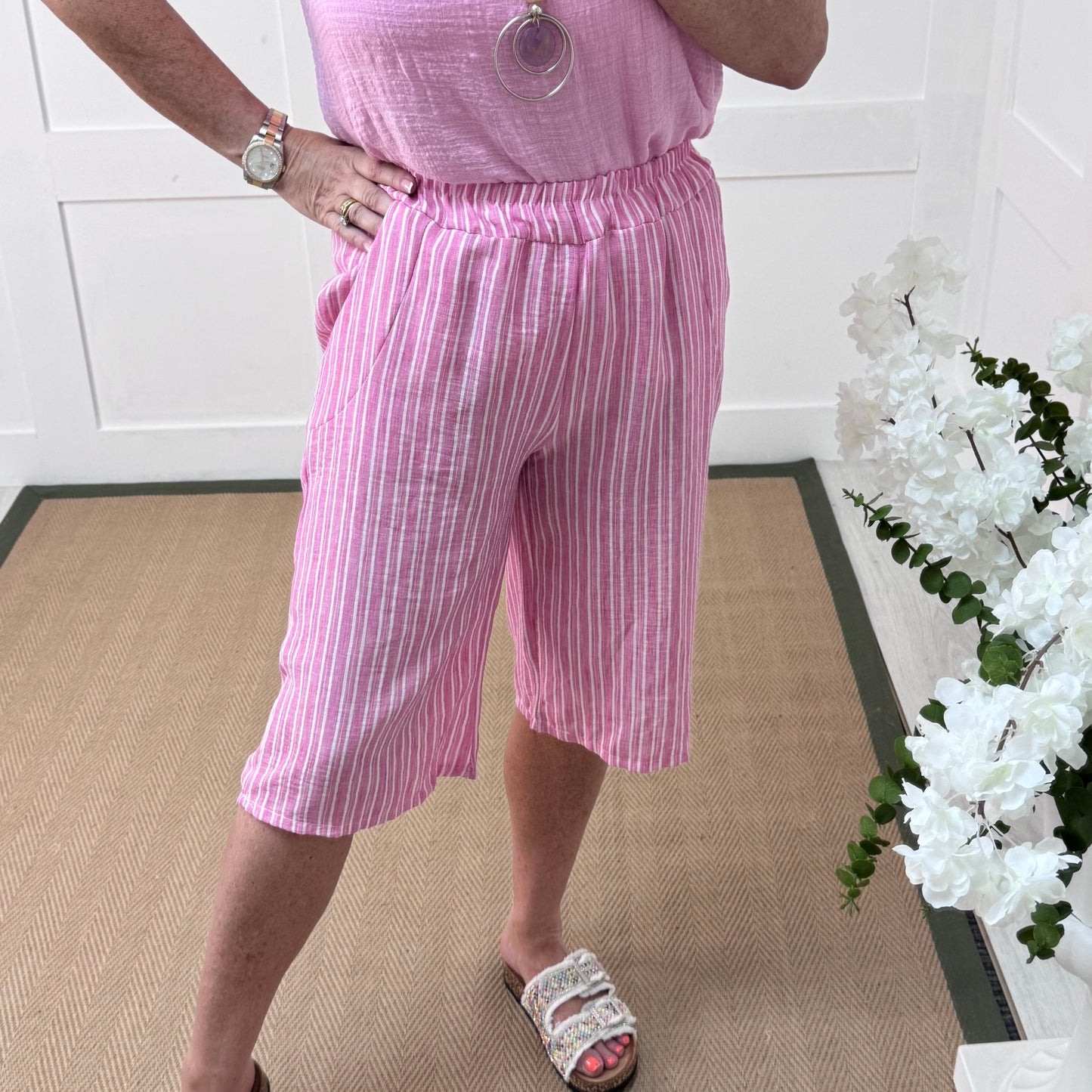 Fran: Pink & white stripe shorts. One Size 10-16