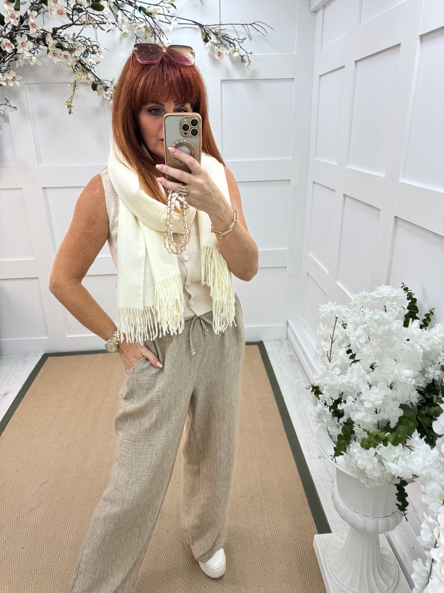Indra: Plain cream soft feel tassel scarf