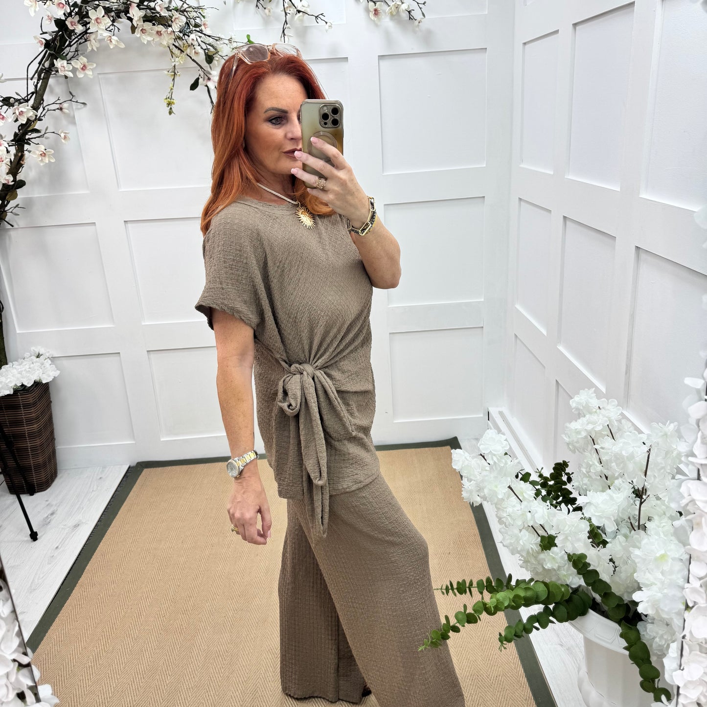 Maddie: Taupe tie knot co-ord set. One size: 12-18