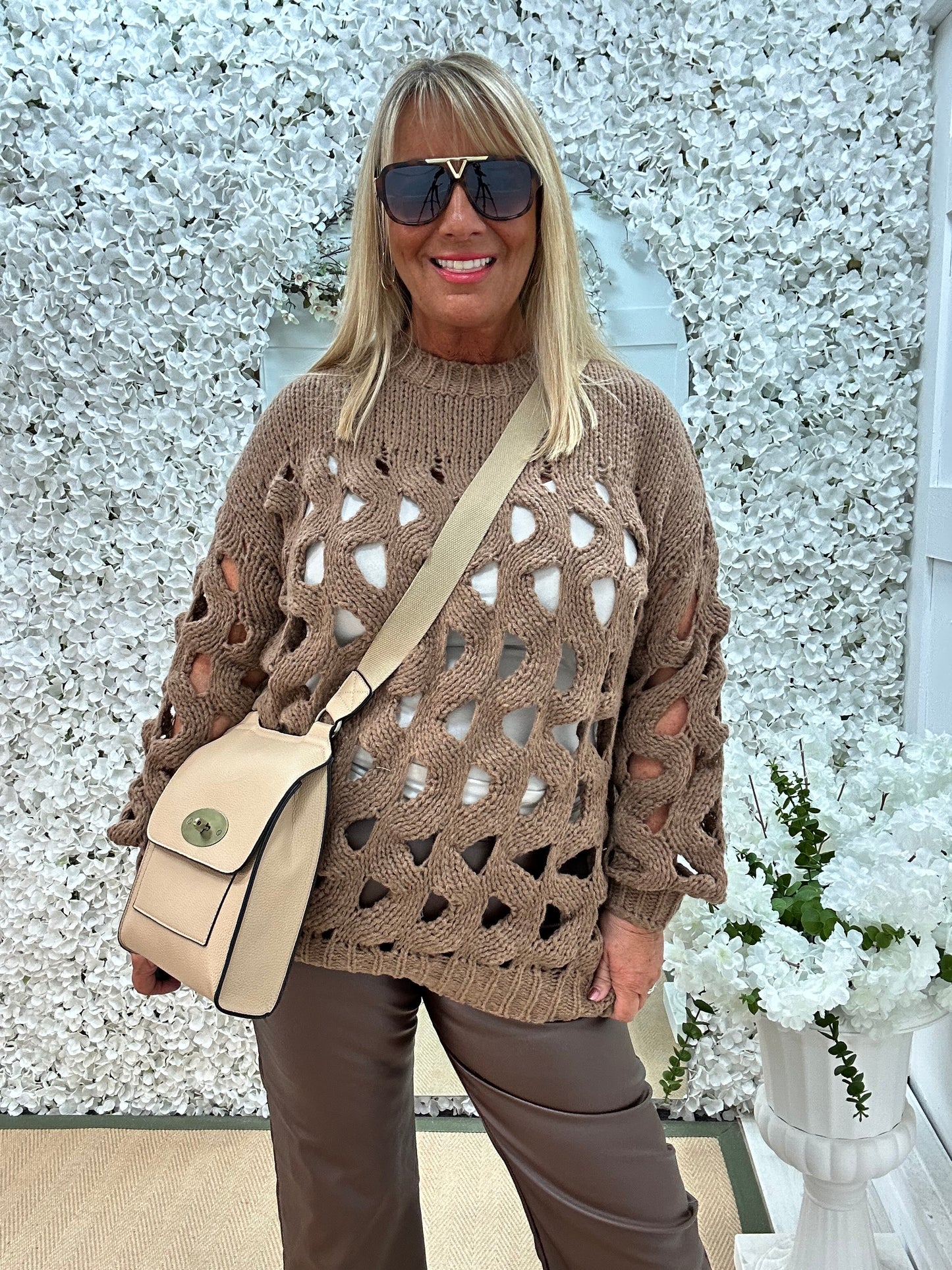 Jazz: Brown long holey open knit top. One Sz: 12-18