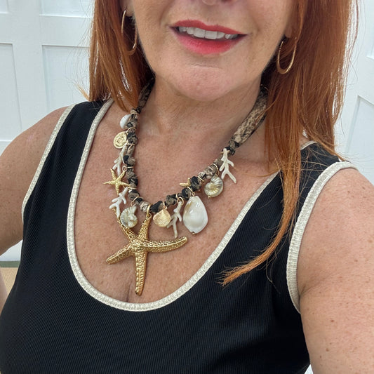Tula: Fabric, gold starfish & shell necklace
