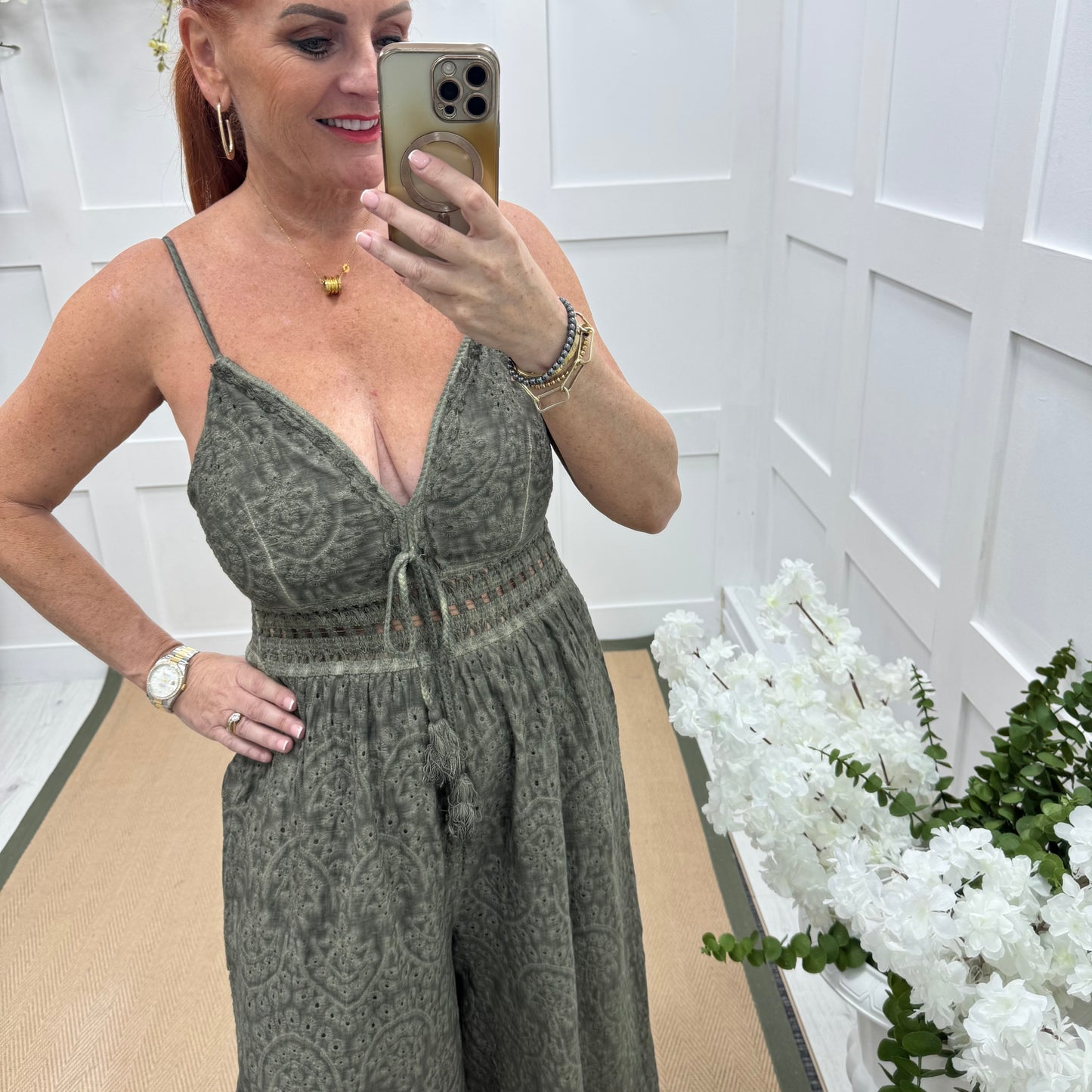 Bria: Khaki broderie Anglaise strappy jumpsuit. One size: 10-14