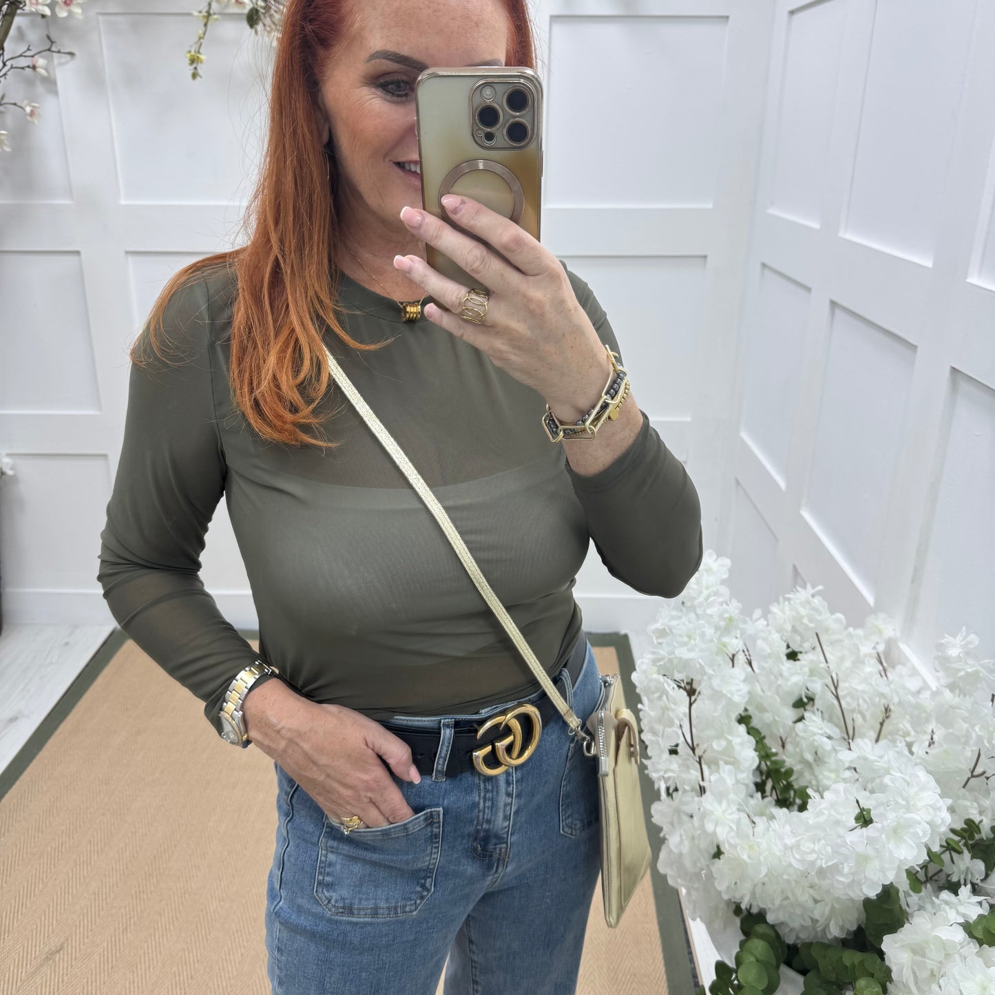 Romy: Khaki sheer mesh top. One Sz: 12-18
