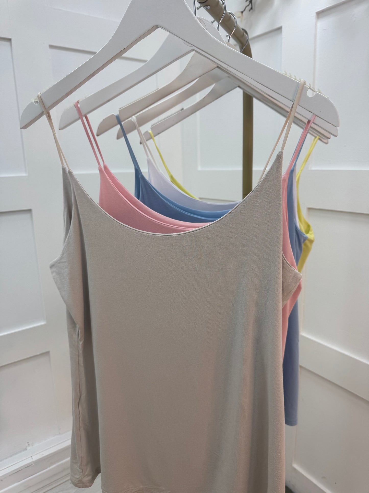 Velma: Stone stretchy vest top. 2 sizes