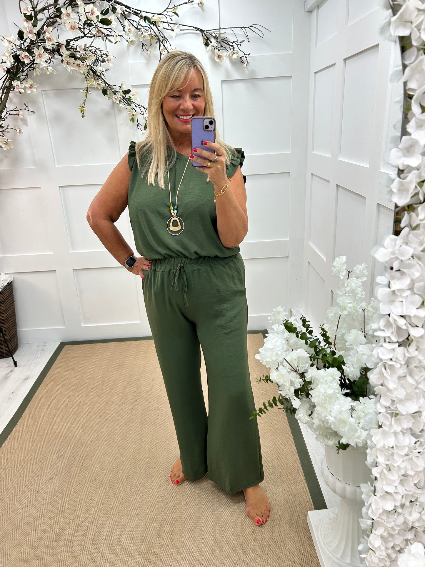 Ember: Khaki frill sleeve top & pendant. One size: 14-20