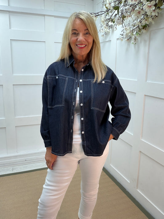 Daphne: Oversized dark denim blue shacket with white contrast stitching. 2 sizes
