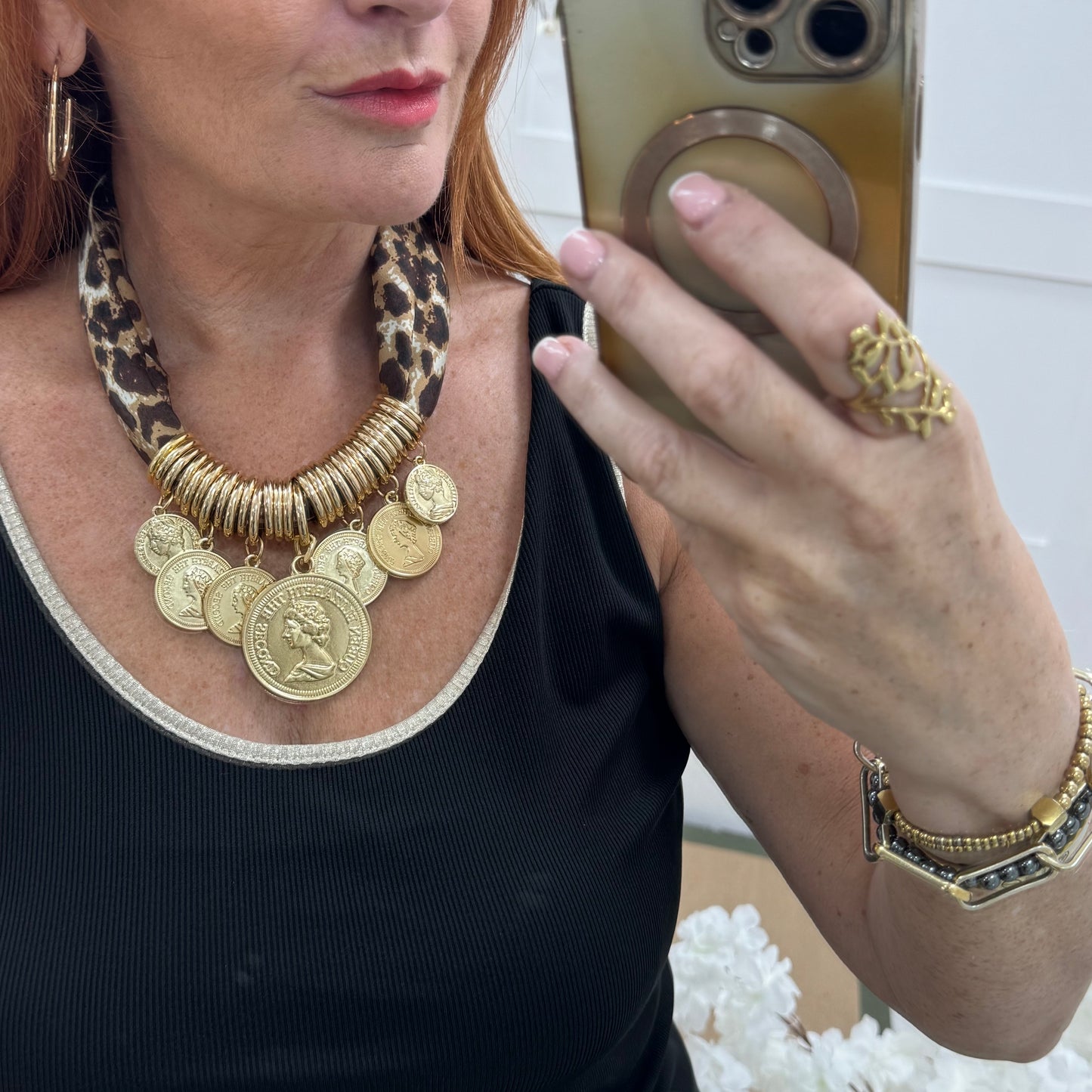 Petra: Leopard print & gold coin scarf statement necklace