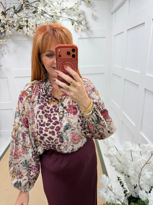 Blair: Multicoloured floral & animal print blouse. One size: 12-18