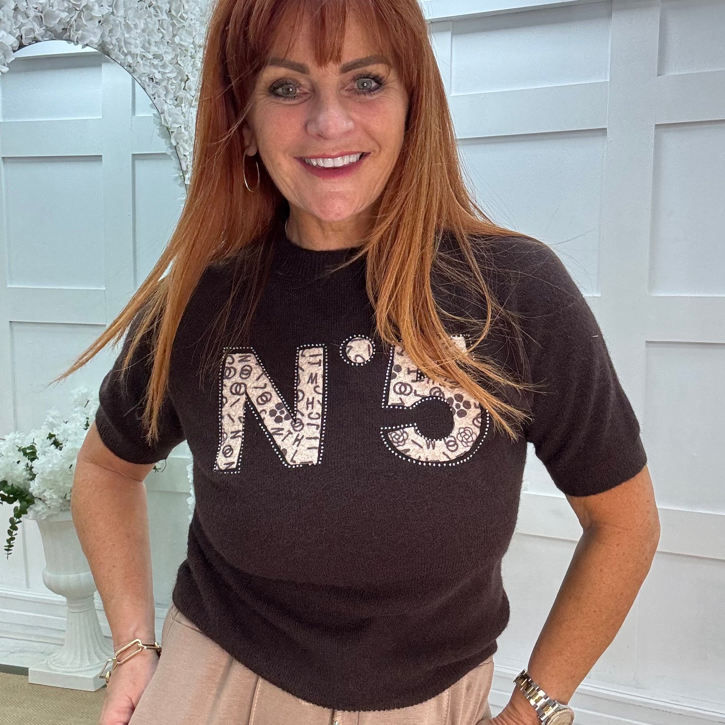 Chantelle: Brown No 5 logo knit top. One size: 10-16