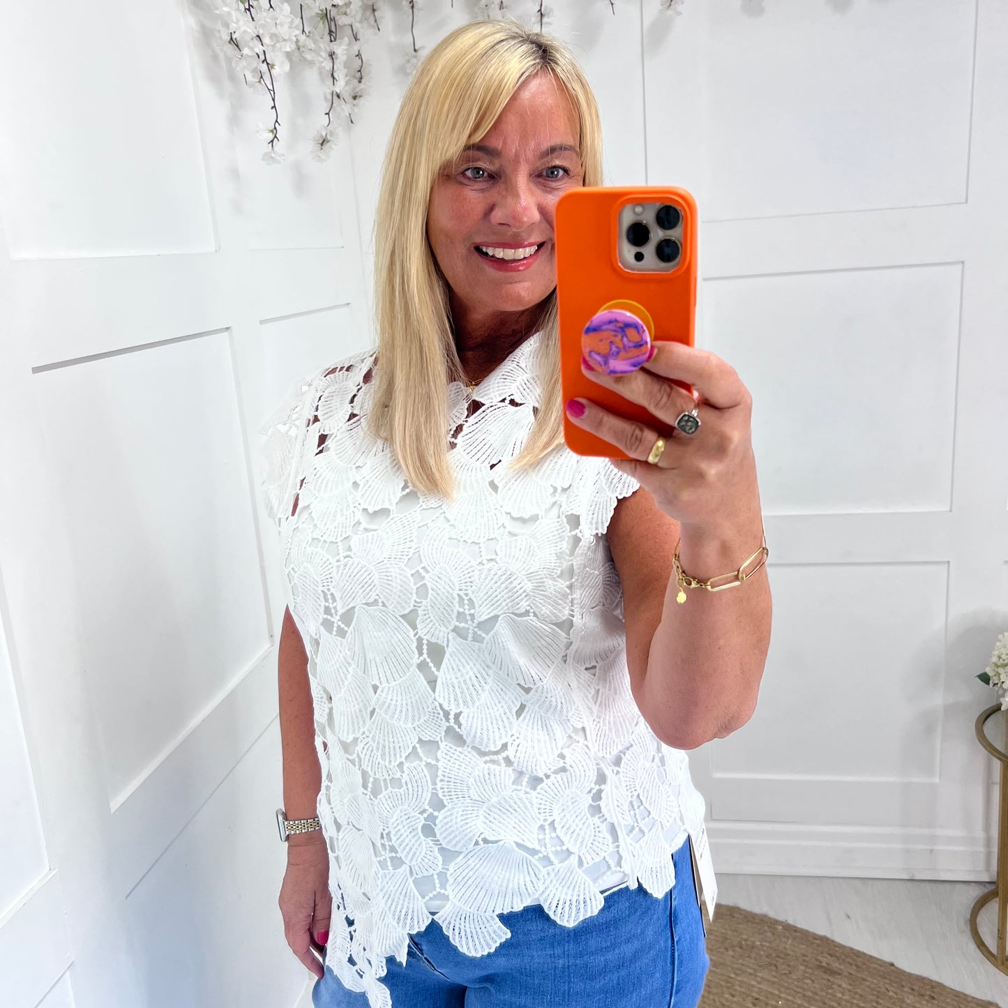Camille: White open lace asymmetrical top. One size: 12-16