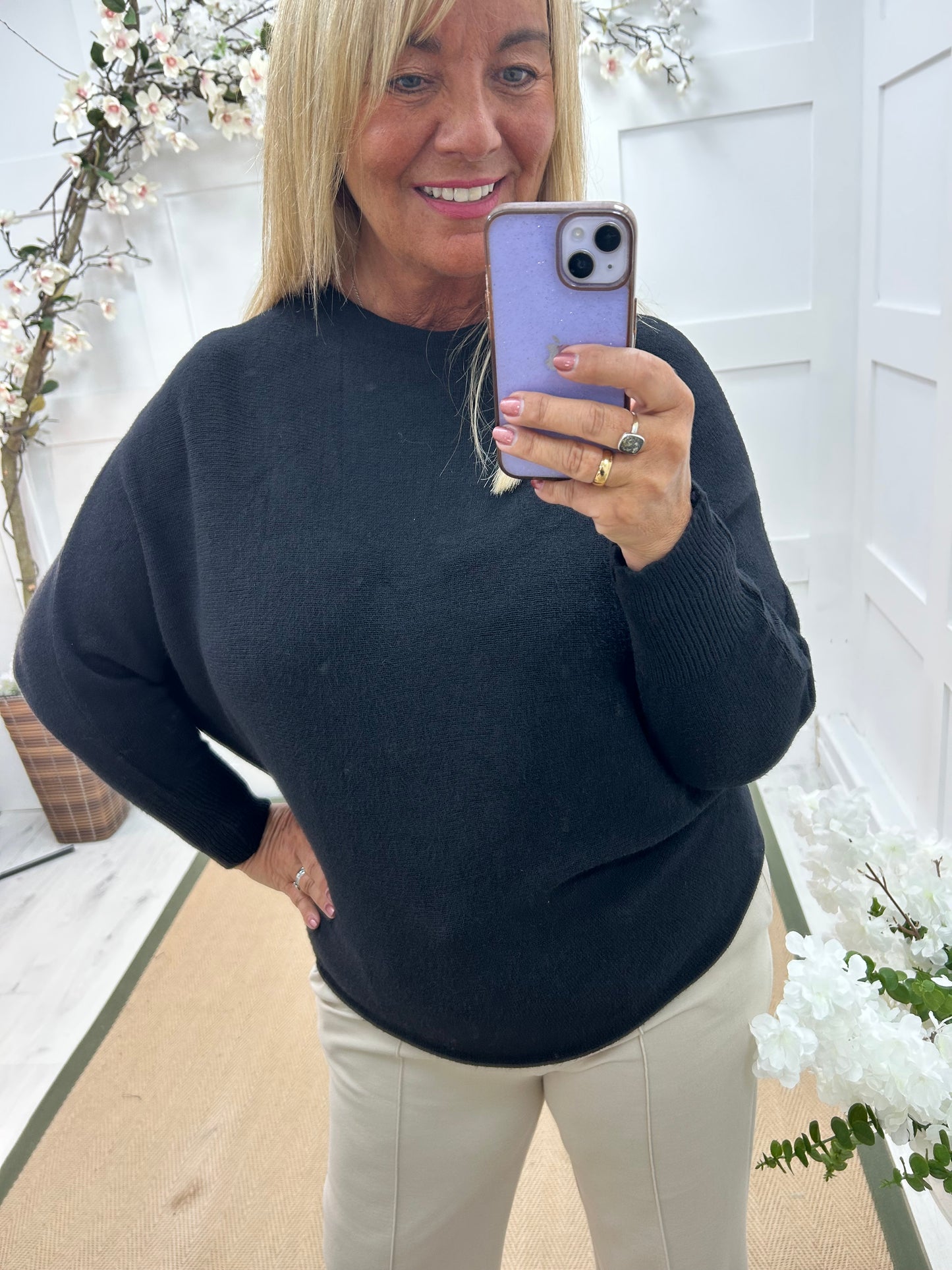 Sammi: Black batwing knitted top. One size: 12-18