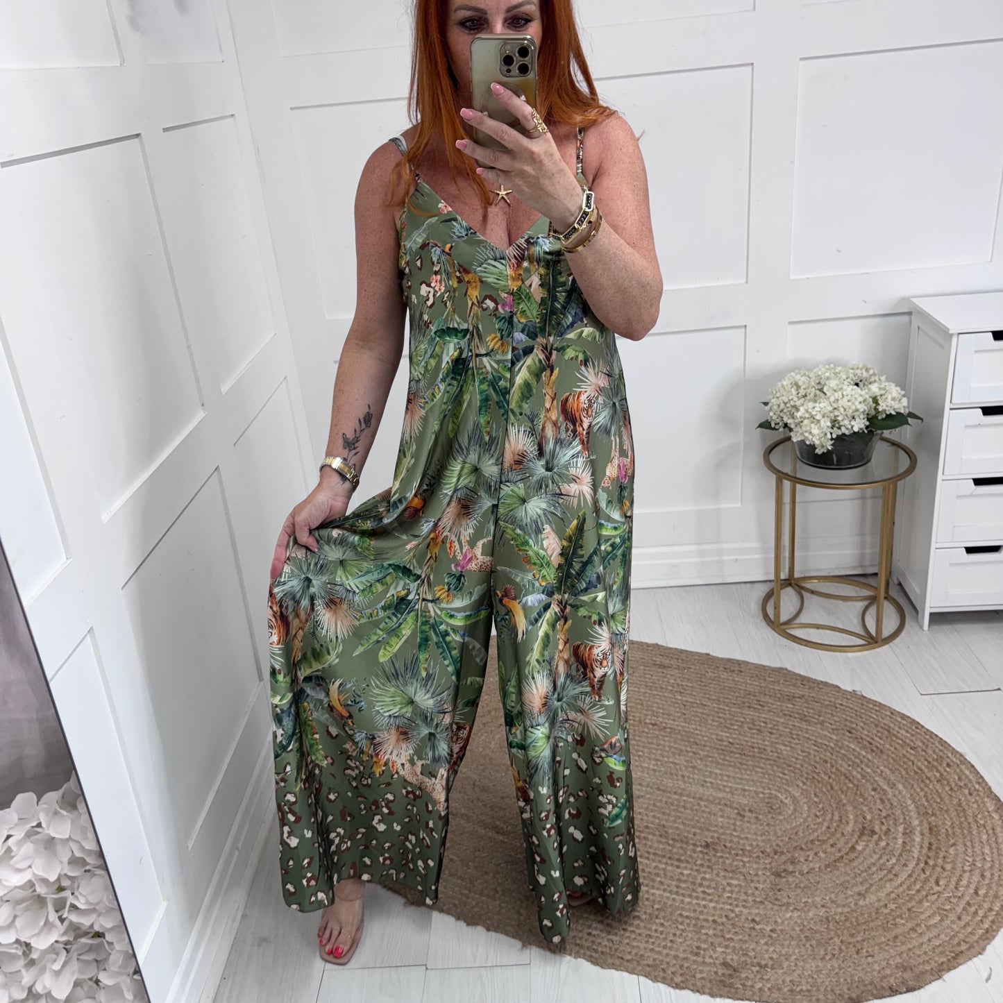 Hanna: Khaki jungle print wide leg jumpsuit. One size: 10-14