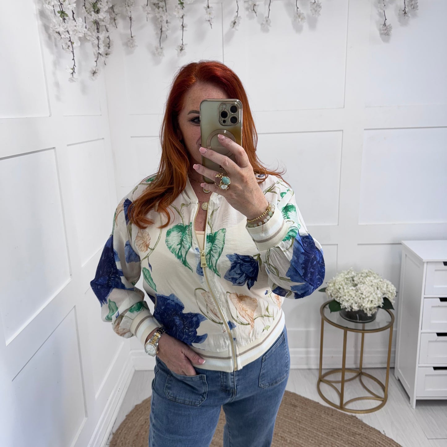 Everly: Silky blue floral bomber jacket. One size: 8-16