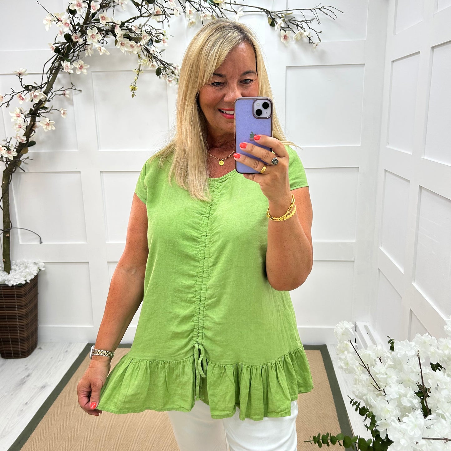 Miranda: Lime linen ruched pull vest top. One size: 14-20