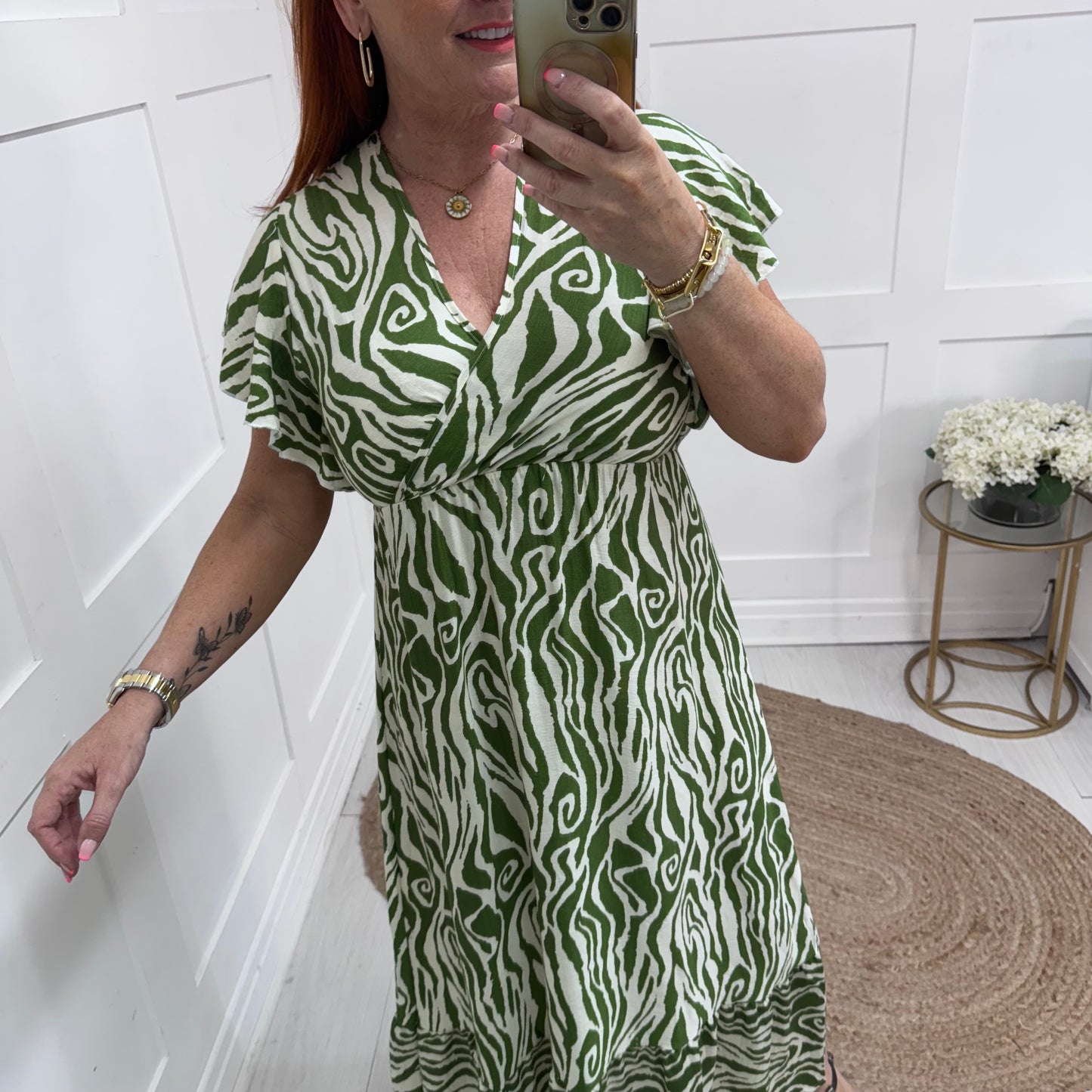 Ember: Green & cream V neck maxi dress. Sizes: S-XL