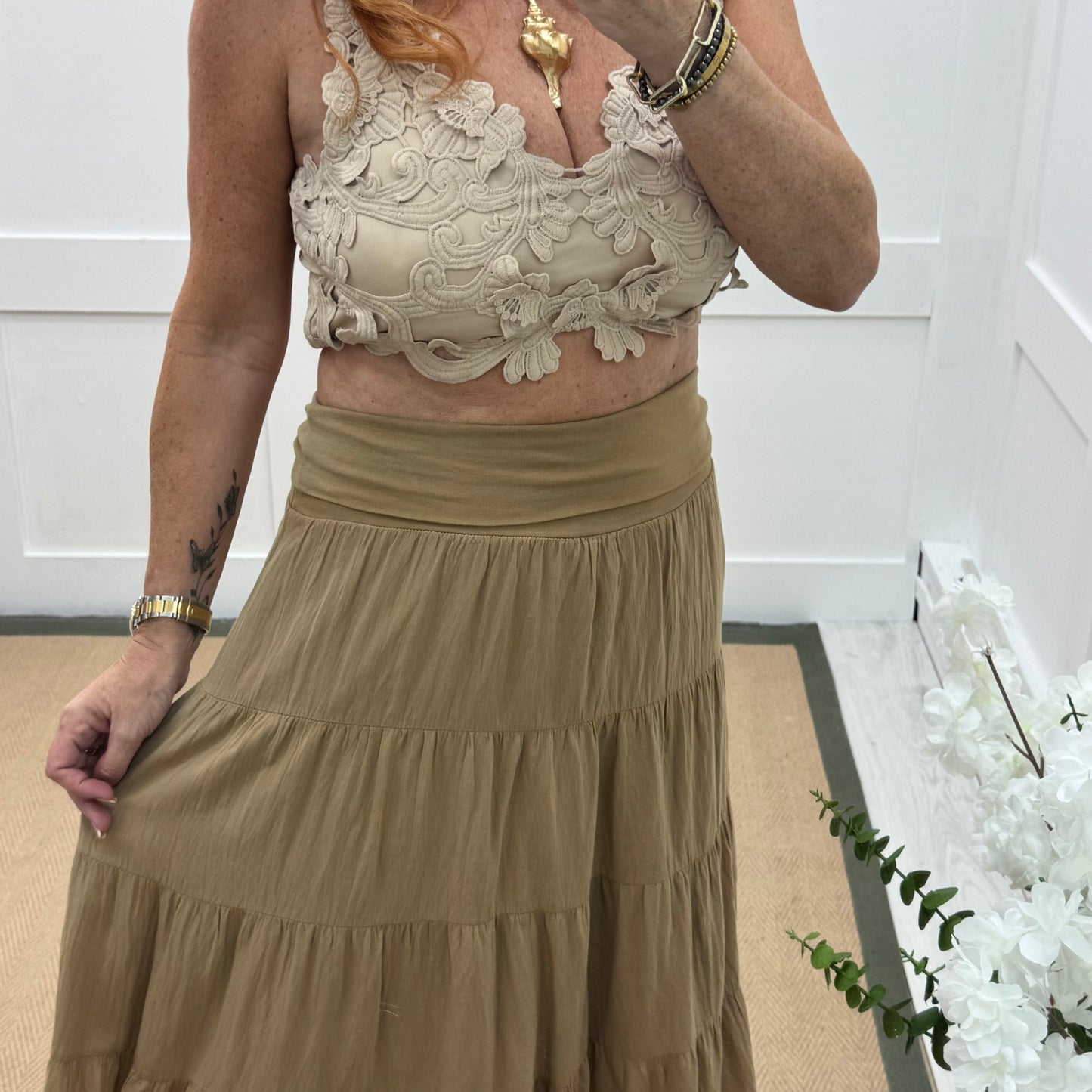 Pearl: Sand cotton tiered maxi skirt dress. One size: 10-16