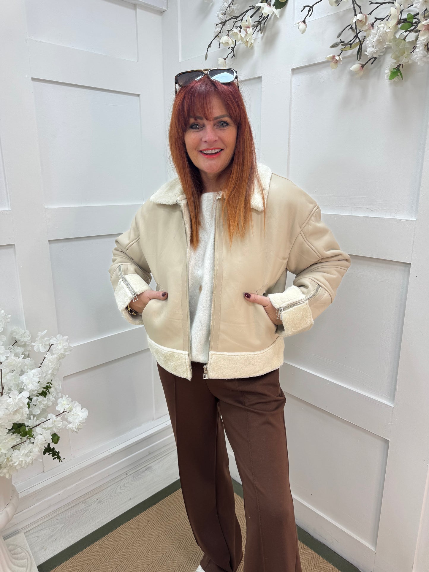 Fiora: Cream faux fur leather jacket. Two sizes