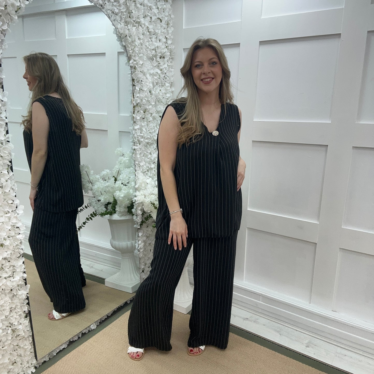 Sasha: Black pinstripe v neck top. One size: 16-22