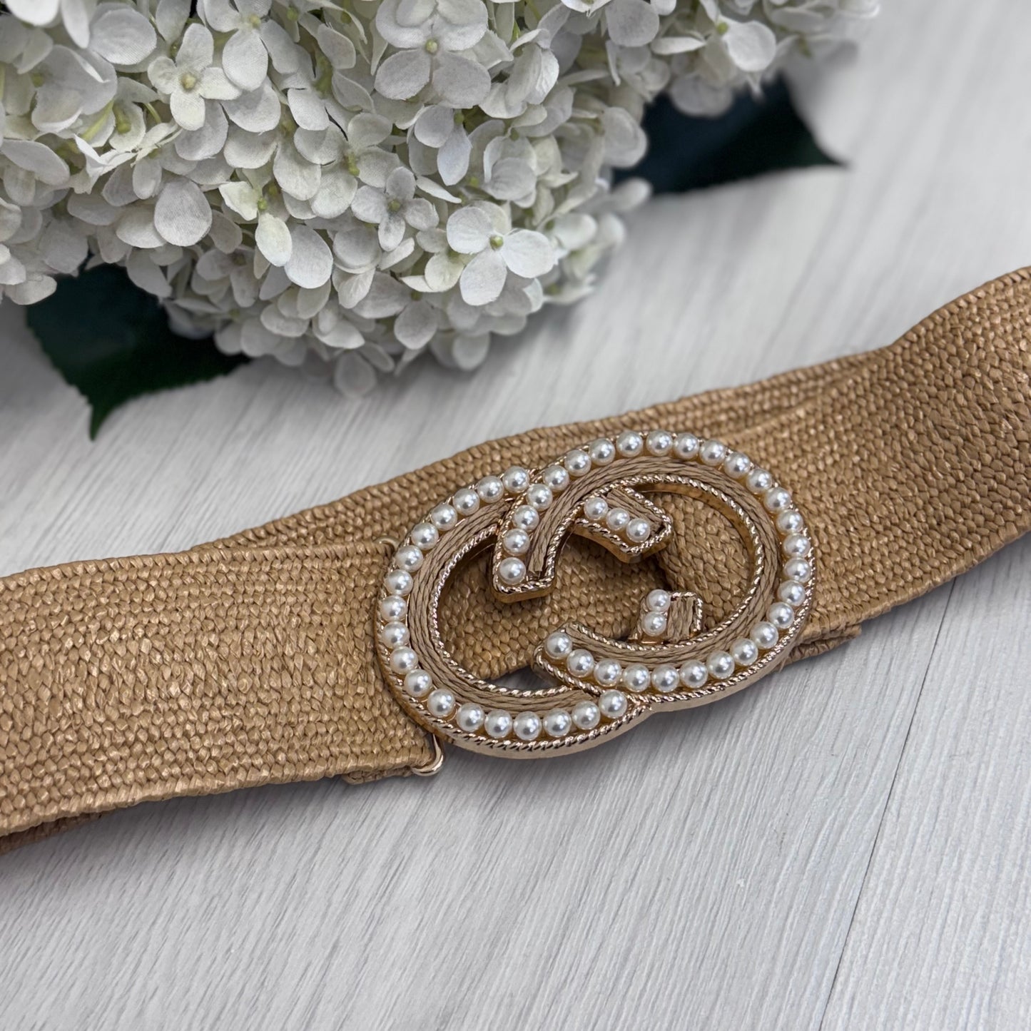 Louisa: Sand pearl round buckle wide belt. One size: 8-18