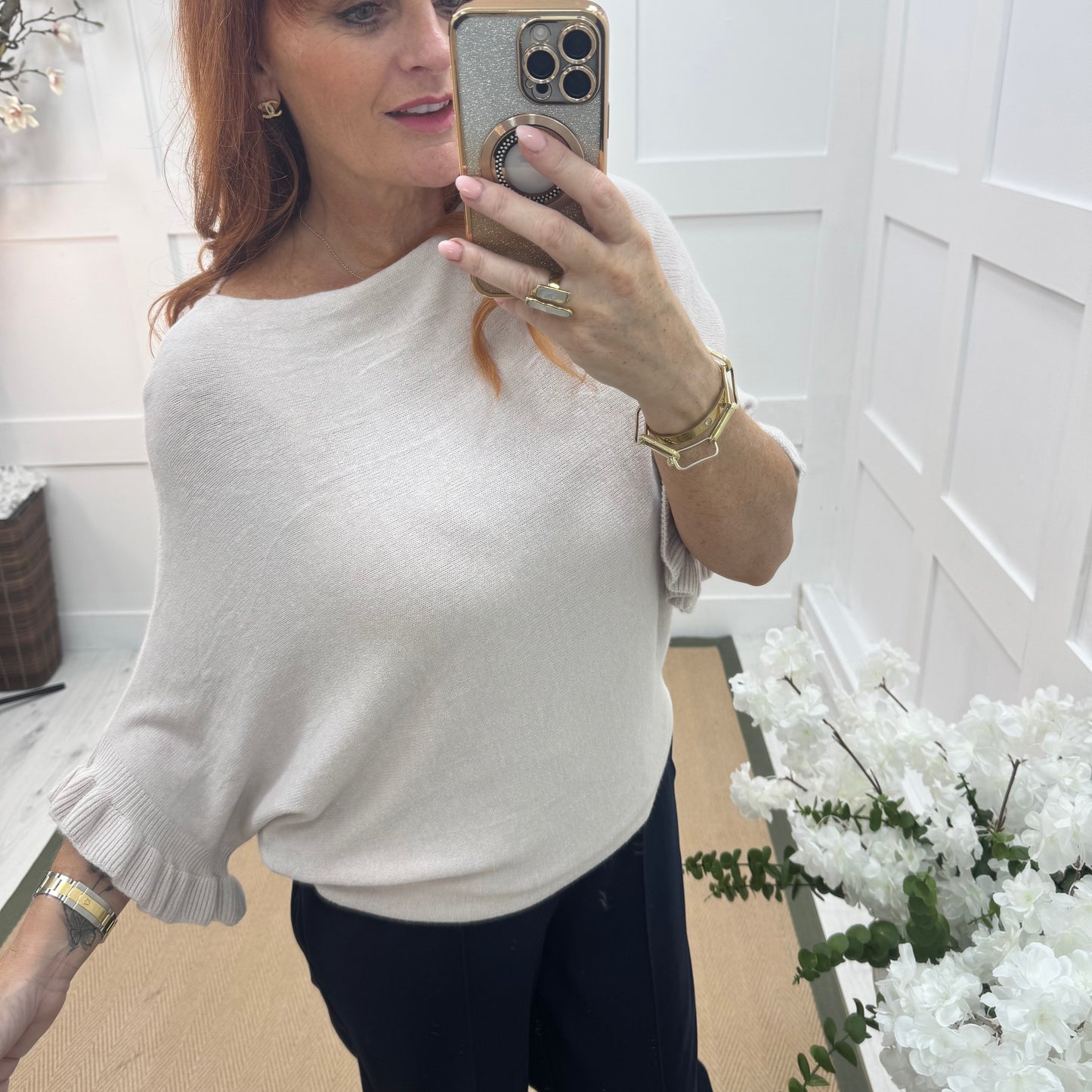 Sierra: Cream batwing fluted sleeve knitted top. One Size 12-18/20