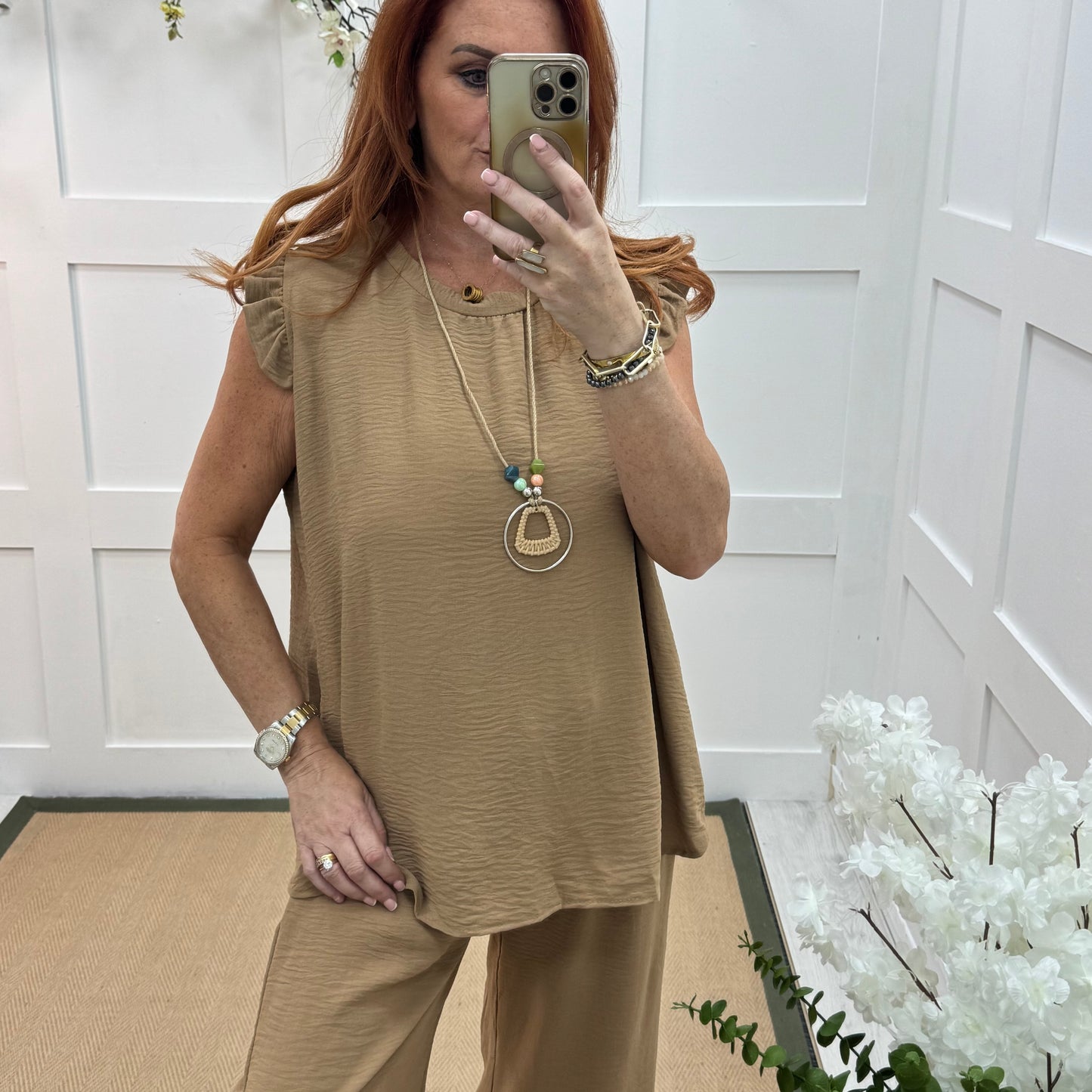 Ember: Sand frill sleeve top & pendant. One size: 14-20