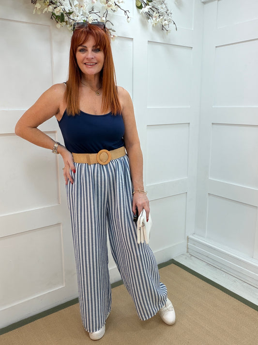 Samira: Blue & white stripe wide leg trousers. One size: 10-16