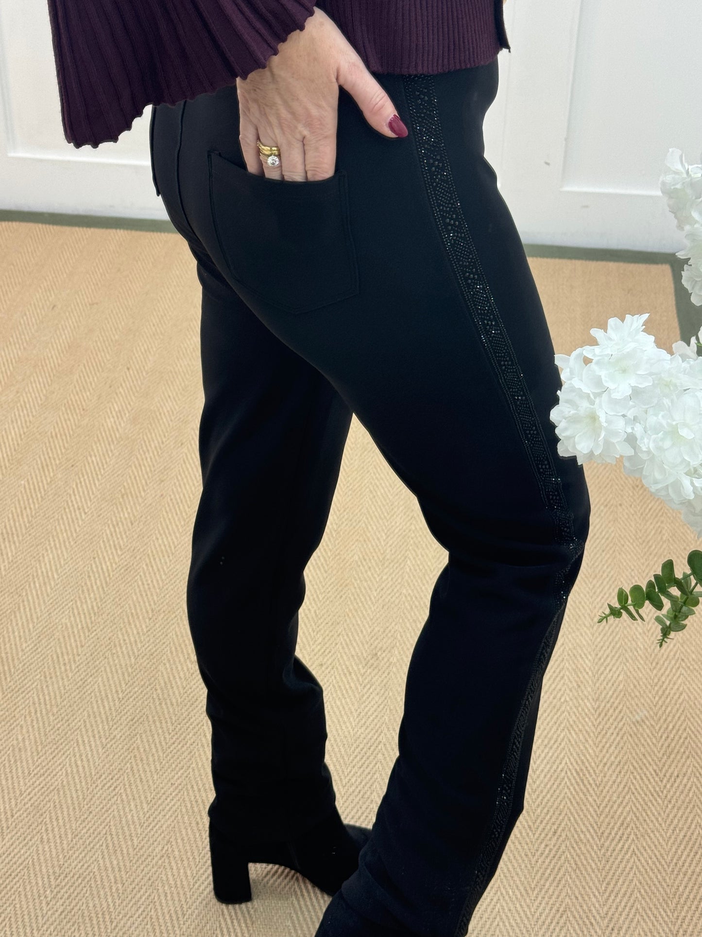 Sienna: Black stretchy diamanté stripe trousers. 5 sizes