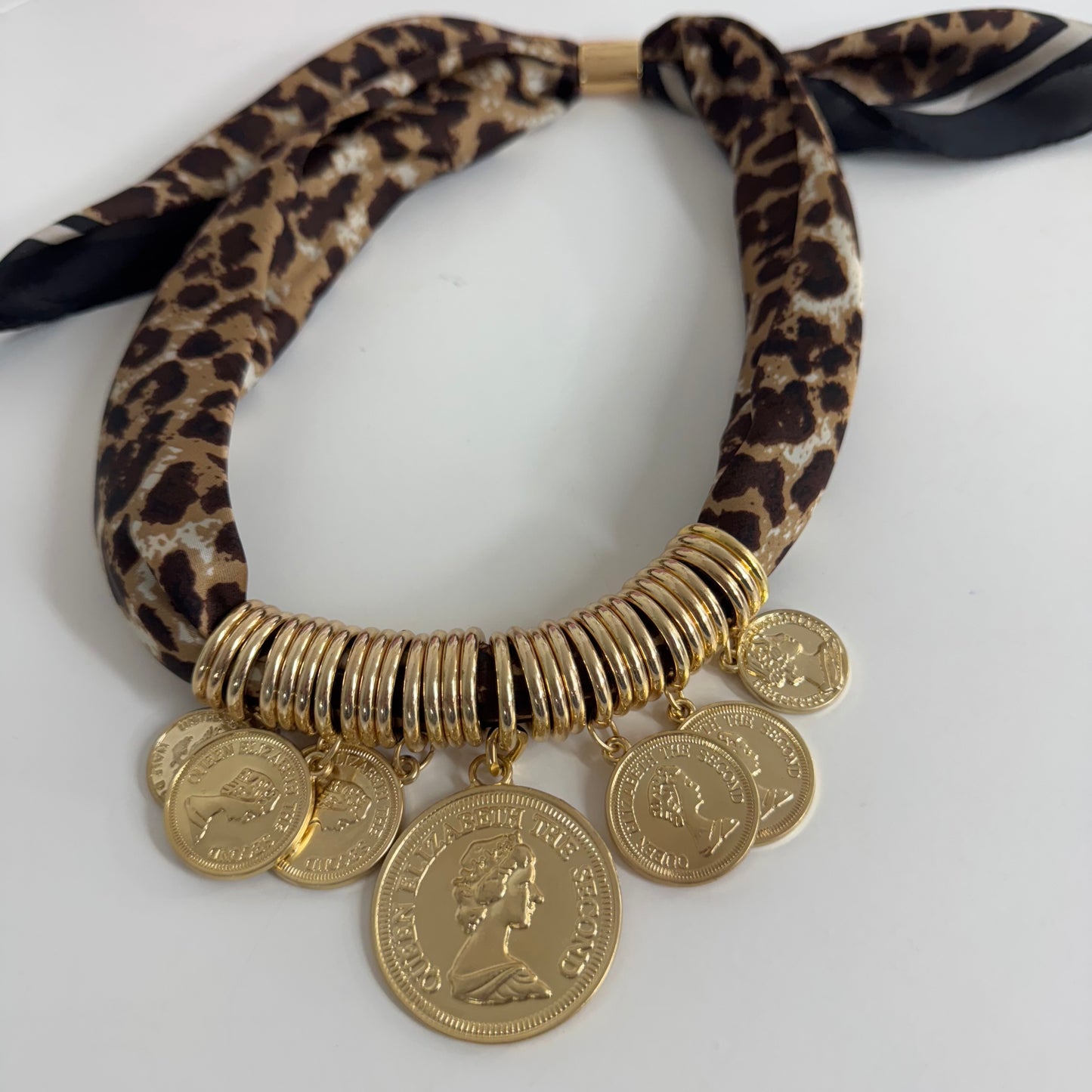 Petra: Leopard print & gold coin scarf statement necklace