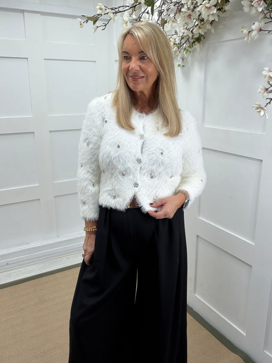 Celeste: Winter white pearl and rhinestone faux fur cardigan. One size: 10-14