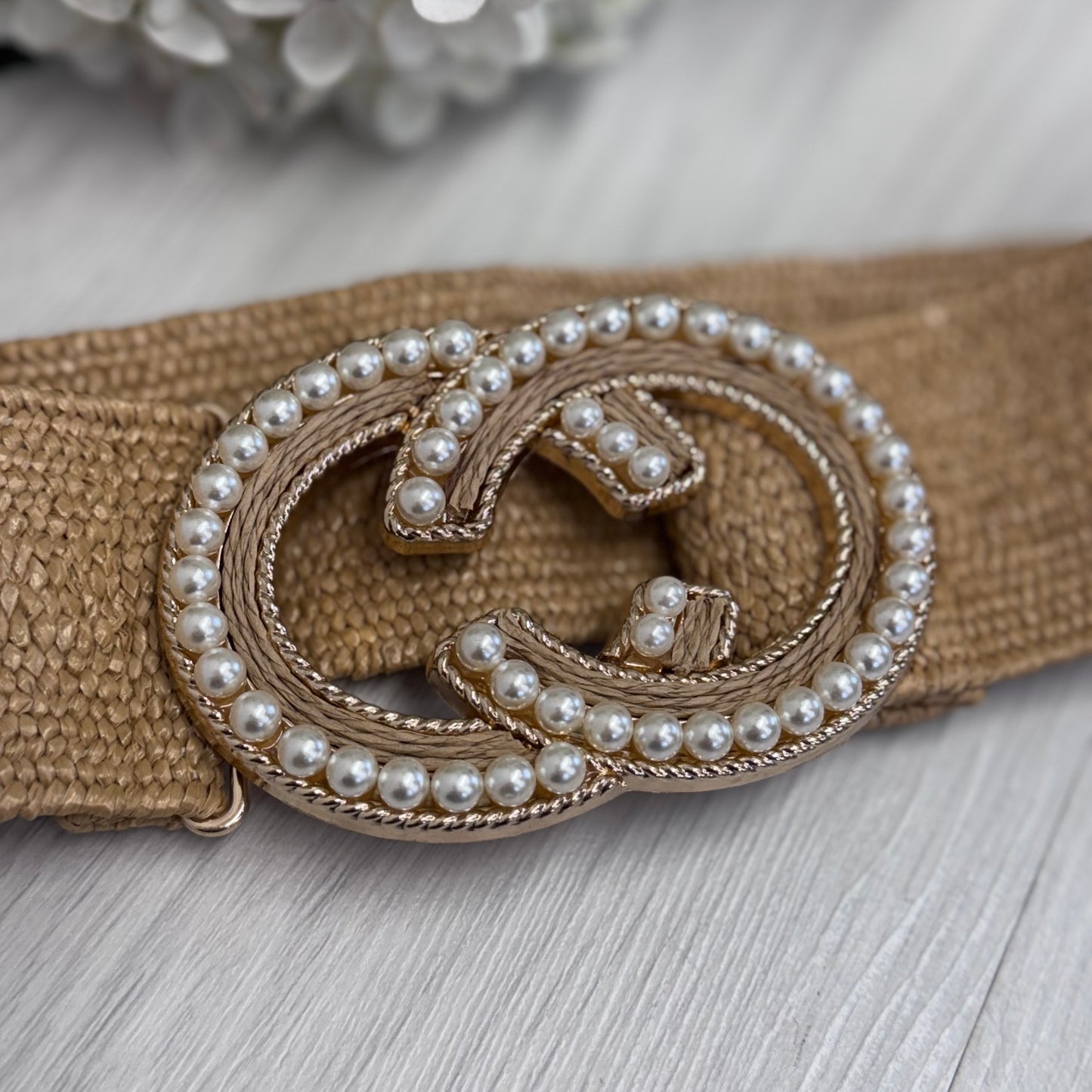 Louisa: Sand pearl round buckle wide belt. One size: 8-18
