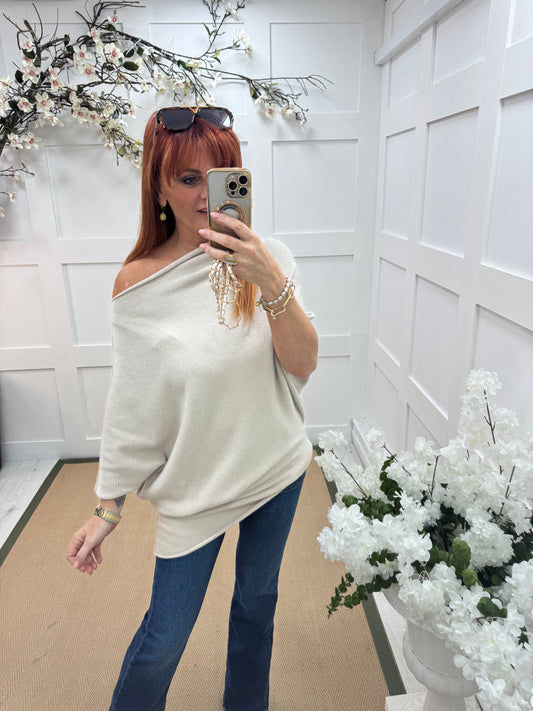 Samantha: Oatmeal asymmetrical slouch top. One size 10-18