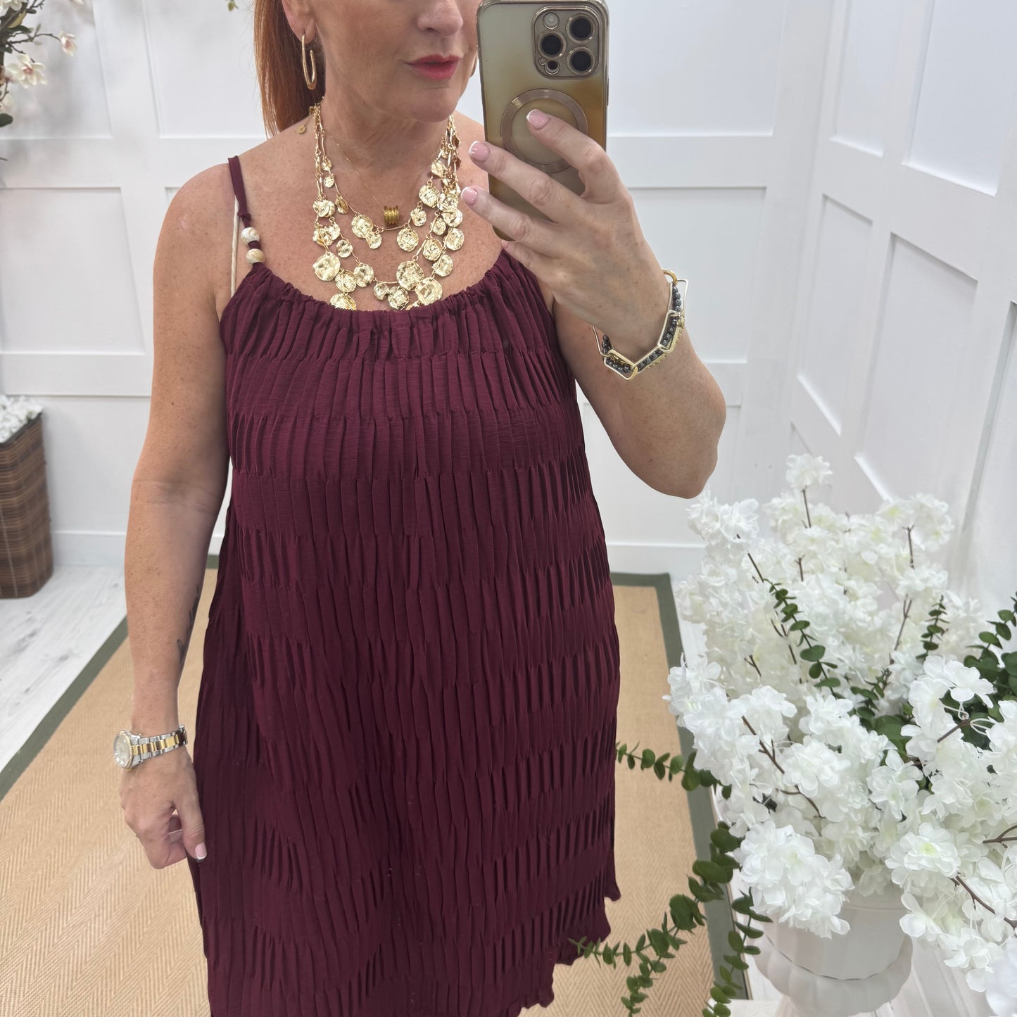 Thea: Burgundy waffle beaded strappy dress. One size 14-20