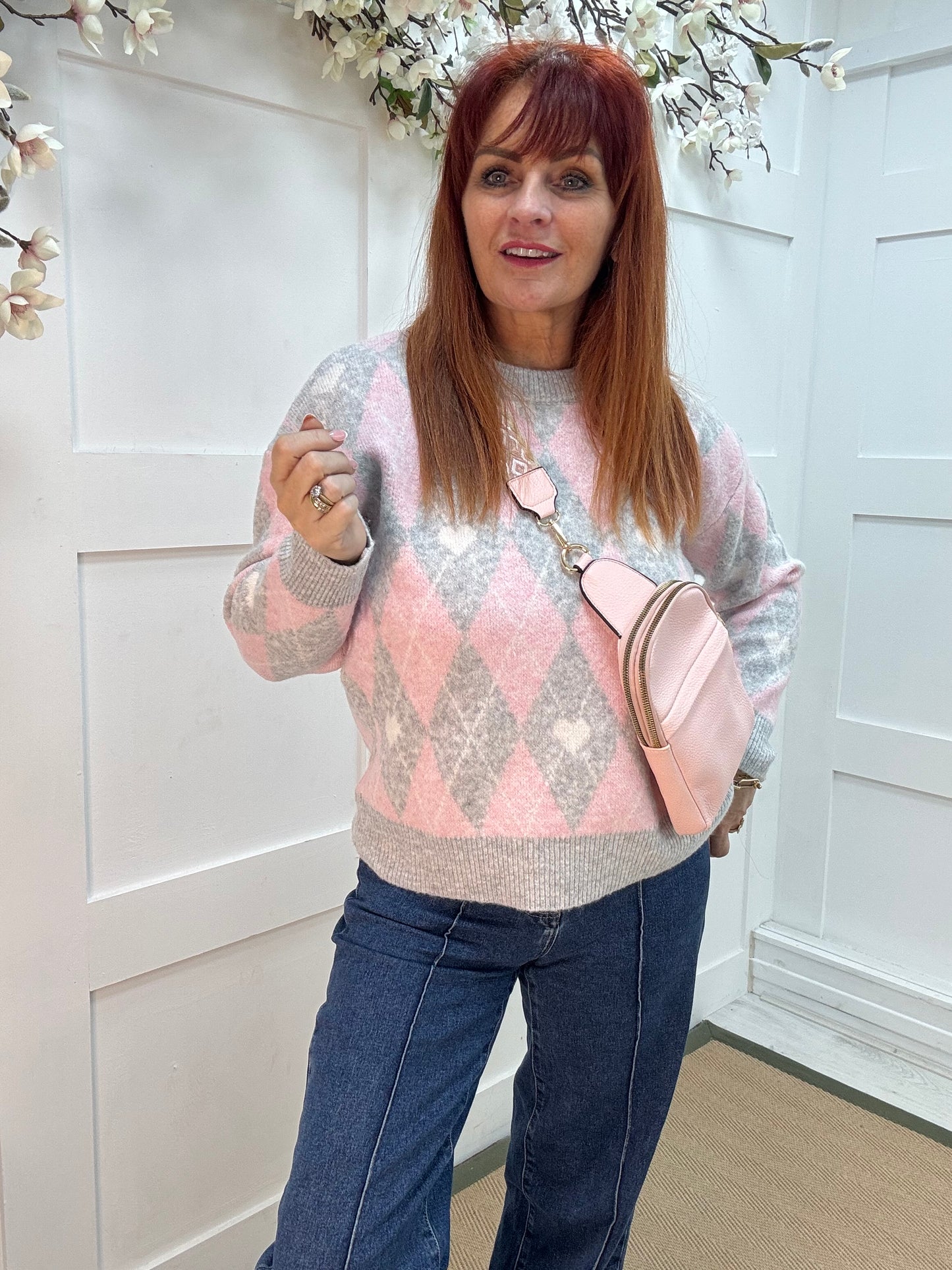 Allana: Baby pink & grey argyle knit top. One size: 10-18