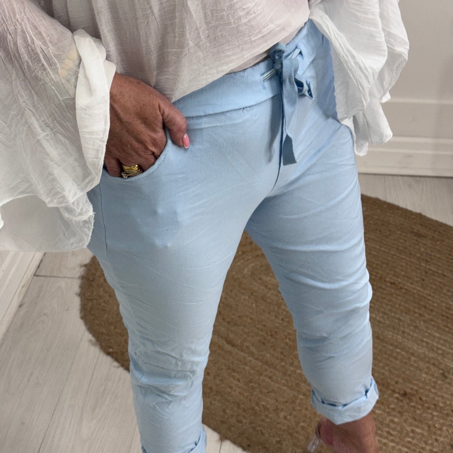 Marnie: Stretchy baby blue magic trousers with rear pockets. 3 Sizes: 10-22