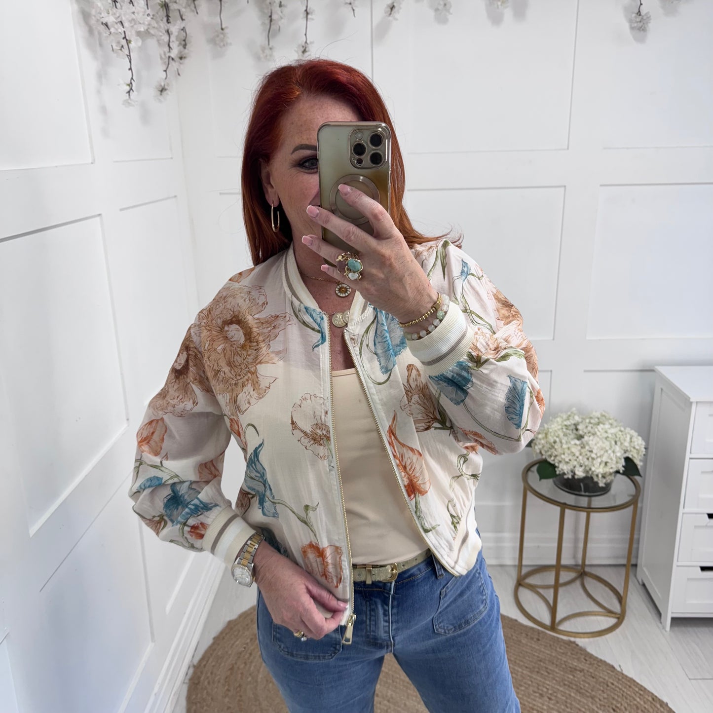 Everly: Silky beige floral bomber jacket. One size: 8-16