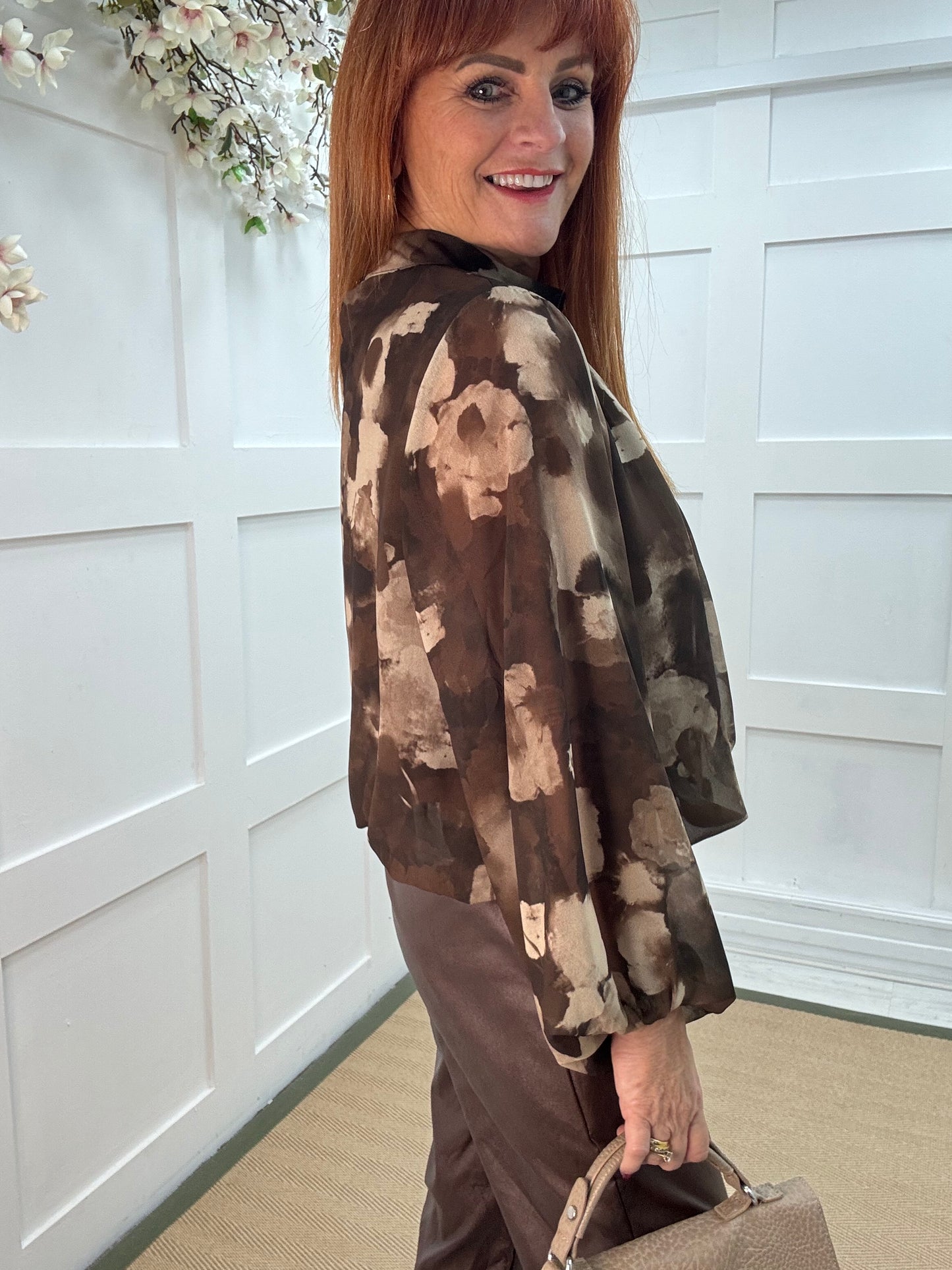 Holly: Brown & cream print high neck top. One size: 10-16