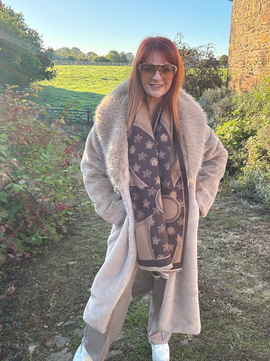 Linden: Brown designer inspired fringed scarf