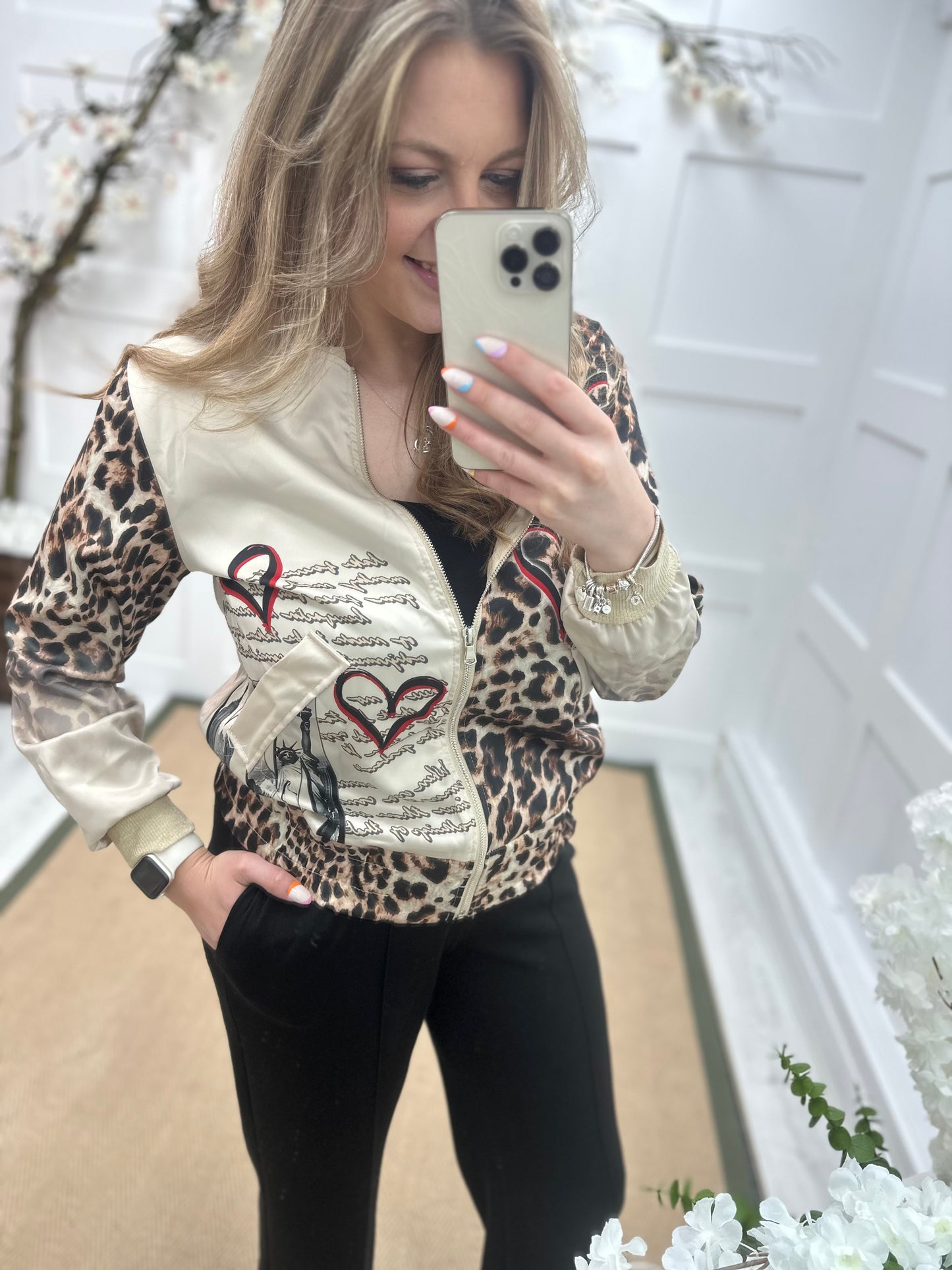 Jada: Silky leopard print & heart bomber jacket. One size: 10-16