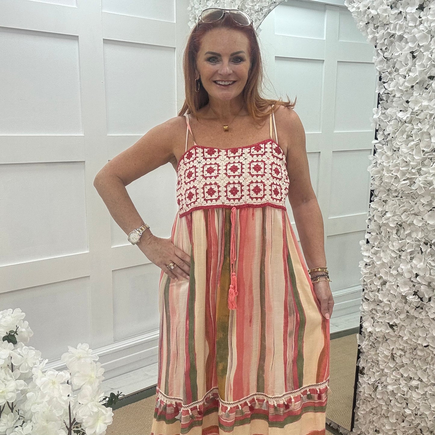 Aurora: Vibrant coral crochet & stripe midi dress. One Size: 8-12