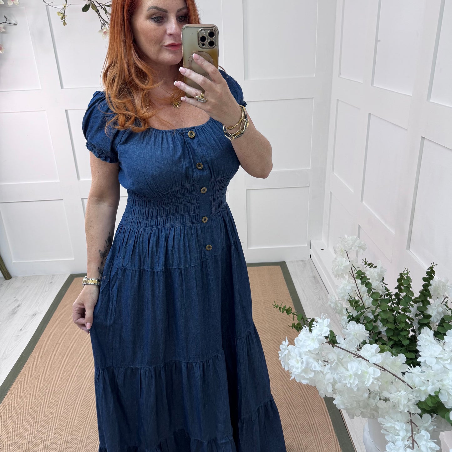Rio: Denim bardot maxi dress. One Size 10-20