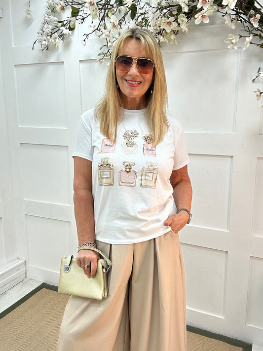 Priya: White & pink 3D perfume T shirt. One size: 12-18