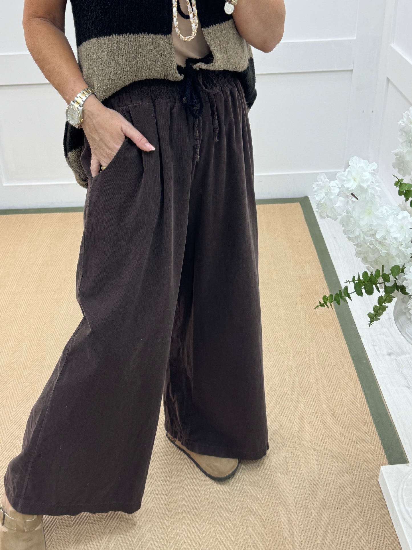 Lark: Brown needle cord wide trousers. One Size: 8-16
