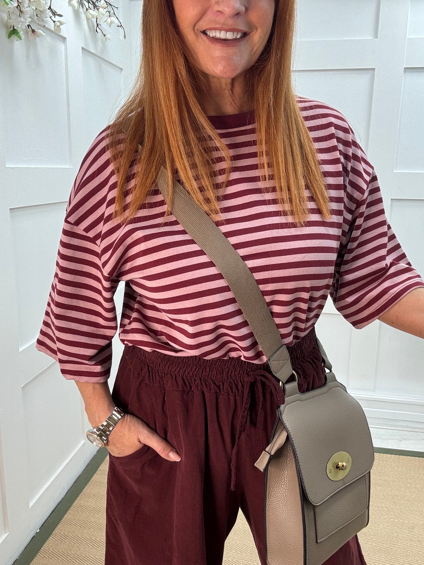 Sobia: Burgundy & pink striped cotton top. One size 12-18