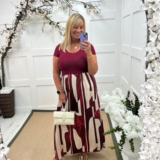 Willow: Burgundy & multicoloured T shirt dress . One size 10-18